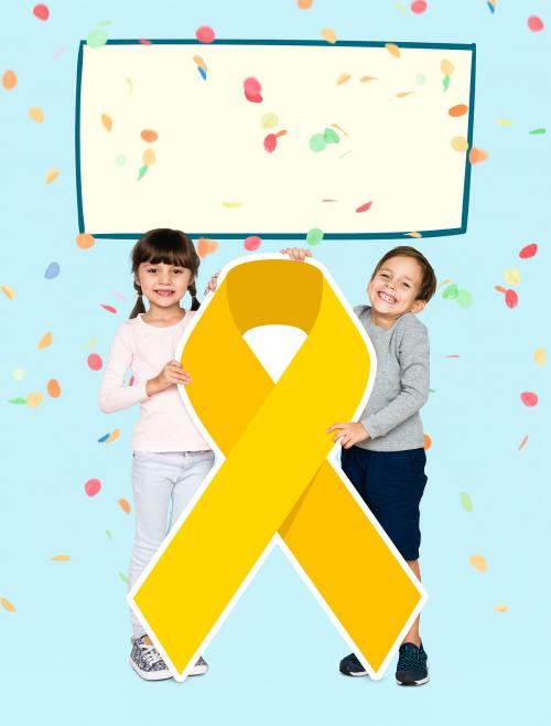 Young kids holding gold ribbon supporting childhood cancer awareness - 491982