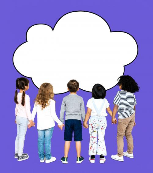 Children holding hands and looking at a cloud shaped board - 492010