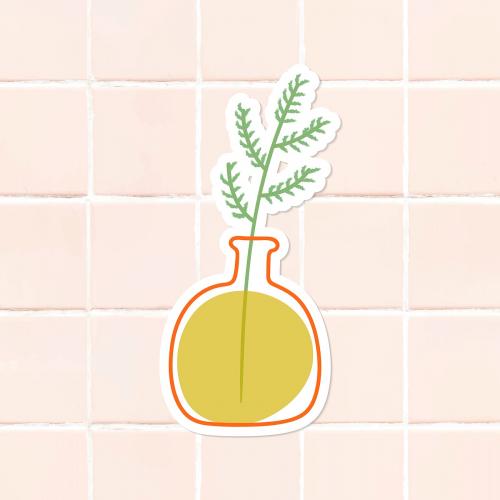 Green doodle leaves in a yellow pot sticker on tile background vector - 2028201