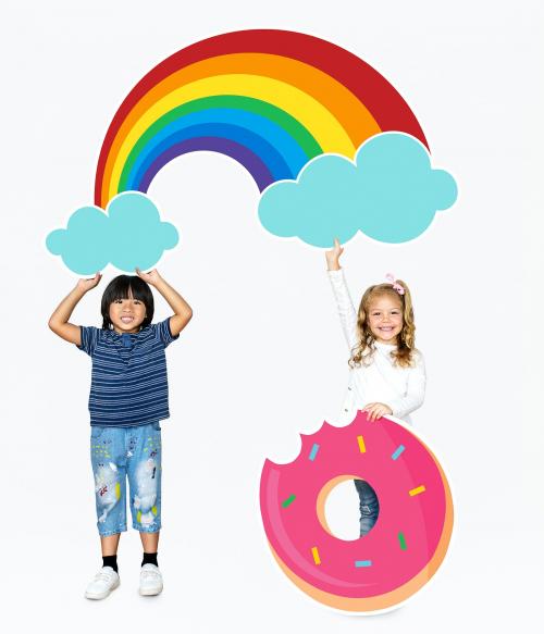 Cheerful kids with a rainbow and a donut icon - 492014