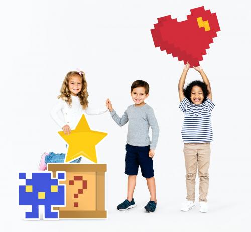 Happy diverse kids with pixilated gaming icons - 492018
