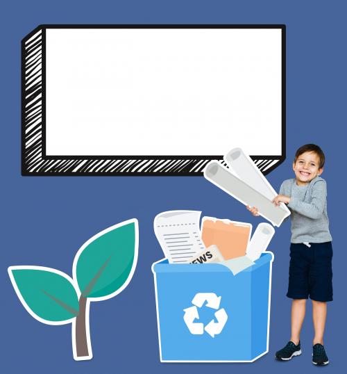 Happy boy collecting paper for recycling - 492039