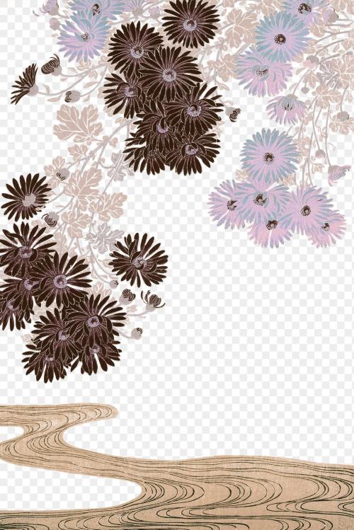 Vintage chrysanthemums​​​​​​ flowers over the stream illustration transparent png design remix from Ohara Koson. - 2272466