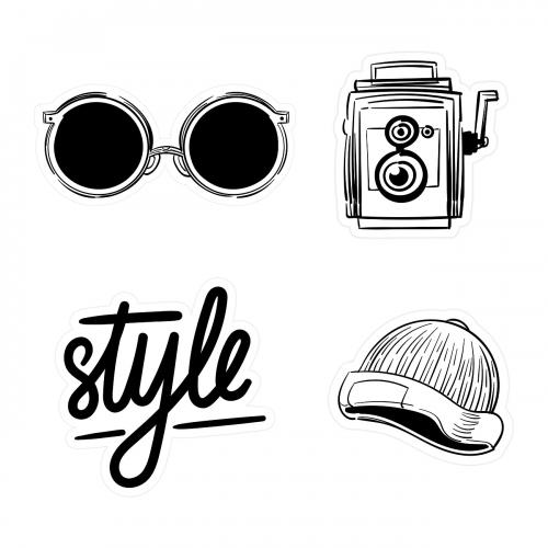 Set of black and white sticker doodle vector - 2034577