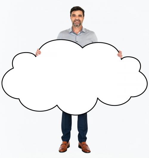 Cheerful man showing a blank white cloud - 490946