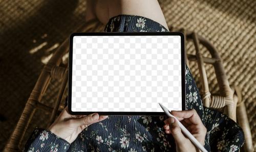 Woman using a digital tablet transparent png - 2024666