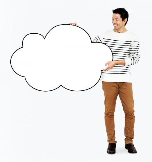 Cheerful man holding a blank white cloud - 490998