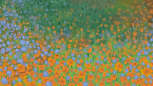 Blooming poppy field background template vector - 2043961