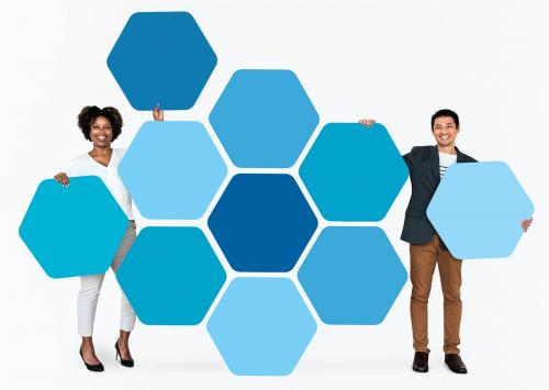 Diverse people showing blue hexagon shaped boards - 491002