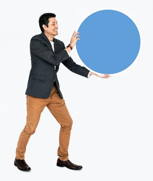 Cheerful businessman holding a blue round board - 491003