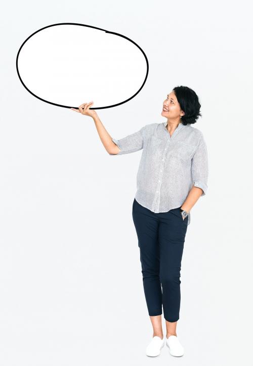 Happy woman holding a white empty banner - 491016