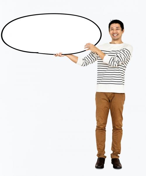 Cheerful man holding a blank white board - 491023