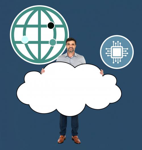 Cheerful man showing a cloud network system - 491031