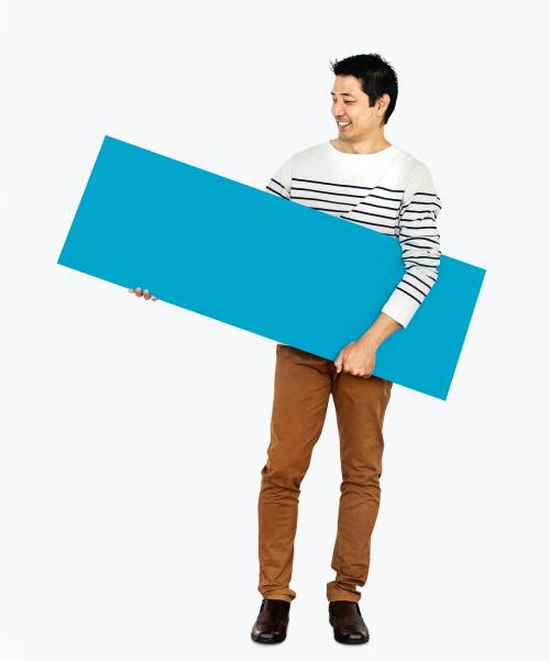 Cheerful man holding a blank blue banner - 491045