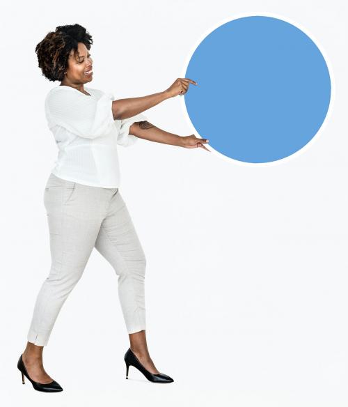 Happy businesswoman with a blue round board - 491047