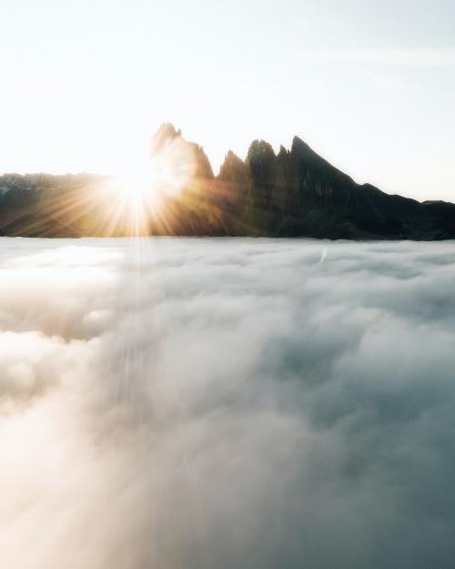 View of foggy Tre Cime di Lavaredo in Dolomites, Italy - 2092710