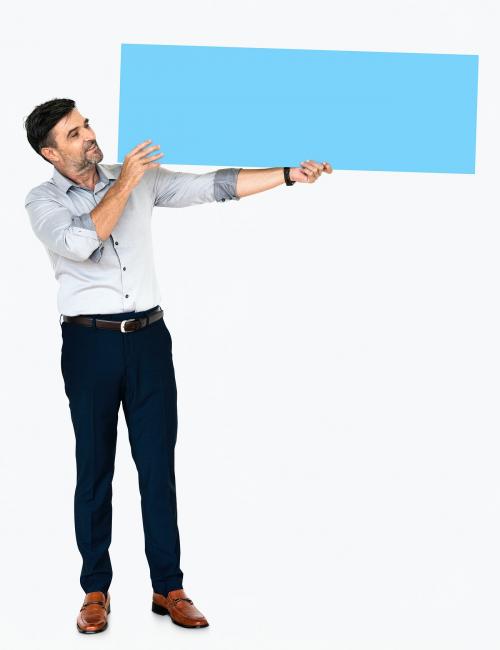 Cheerful man showing a blank blue banner - 491096