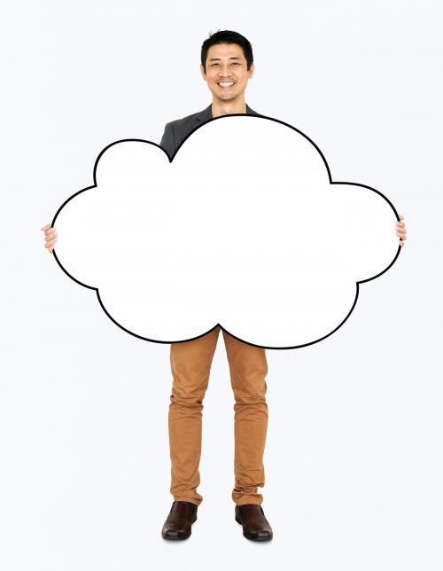 Cheerful man showing a blank cloud shaped board - 491098