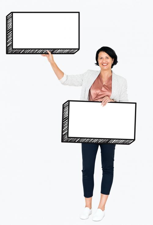 Happy woman holding two empty boards - 491105