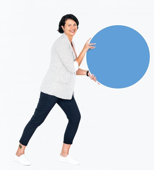 Woman presenting a blue round board - 491119