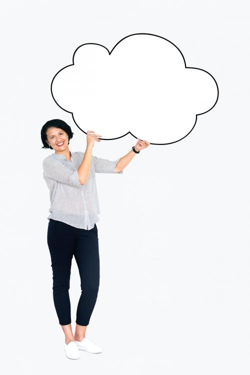 Cheerful woman showing a blank white cloud - 491147