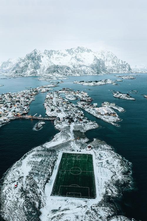 Drone view of Henningsvaer football Stadium - 2255752