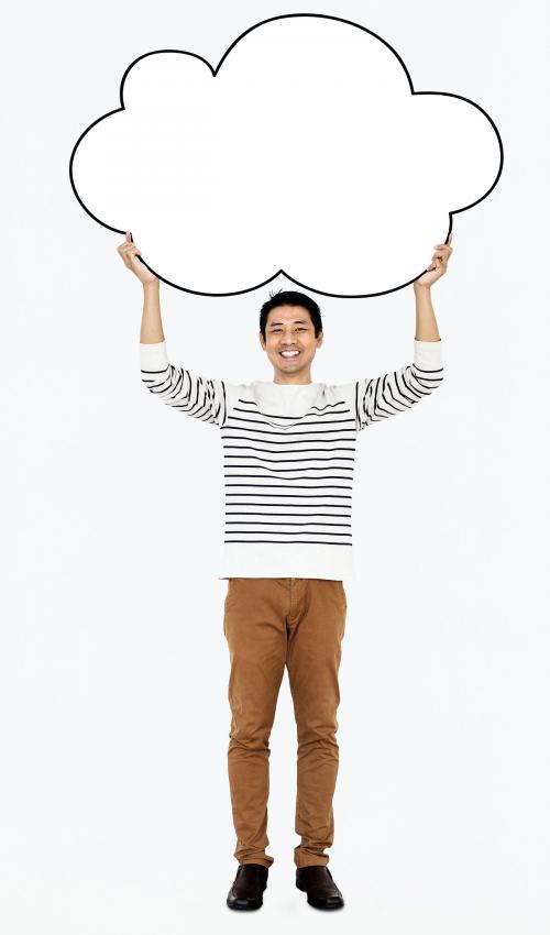 Cheerful man holding a blank white cloud - 491158