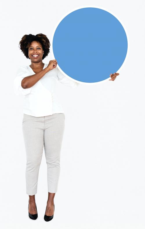 Cheerful businesswoman holding a blue round board - 491172