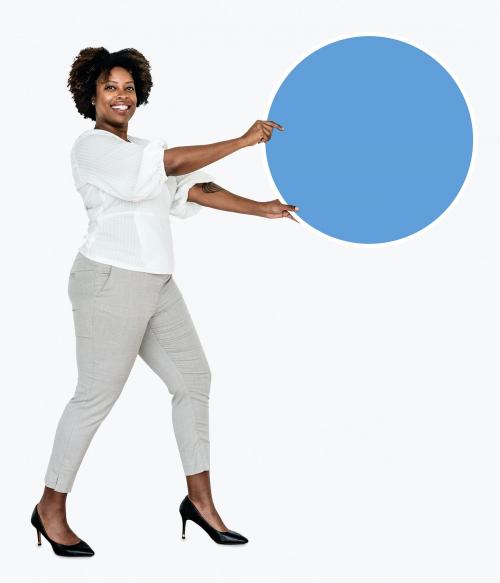 Happy businesswoman with a blue round board - 491179