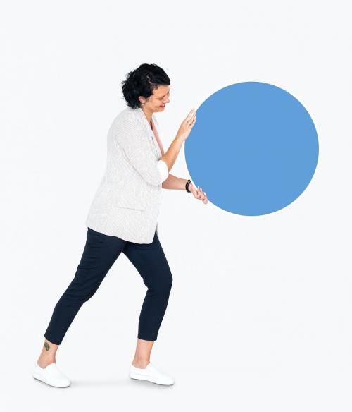 Woman presenting a blue round board - 491182