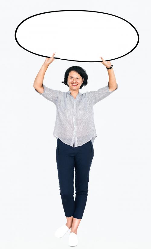 Happy woman holding a white empty banner - 491185