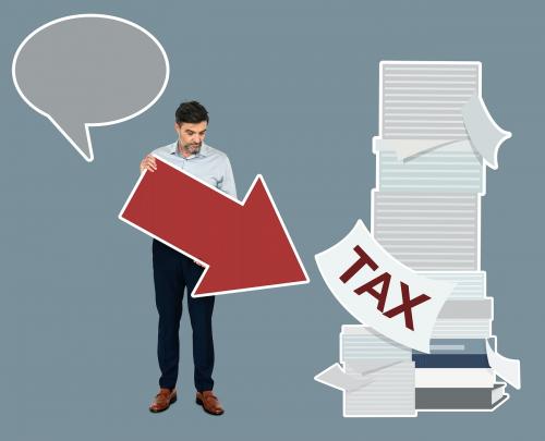 Man with an arrow pointing towards tax papers - 491191