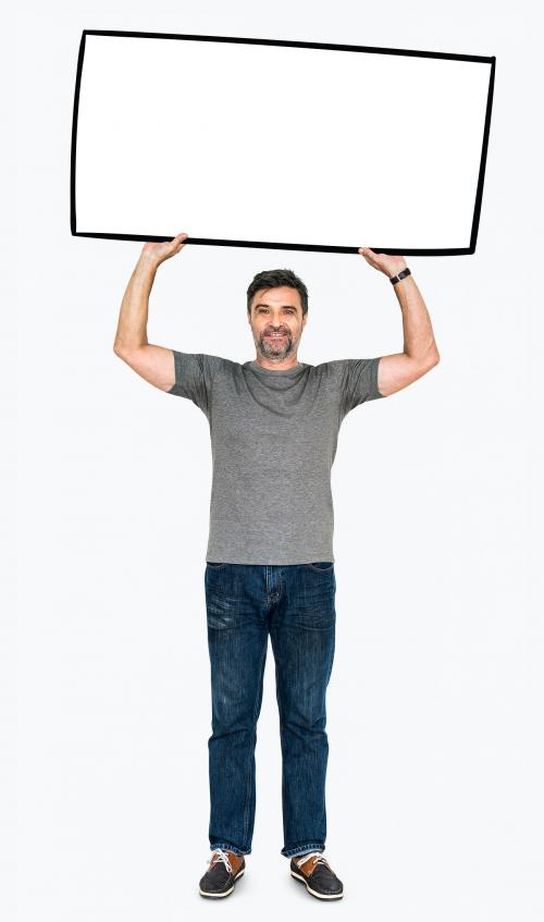 Cheerful man showing a blank white banner - 491222