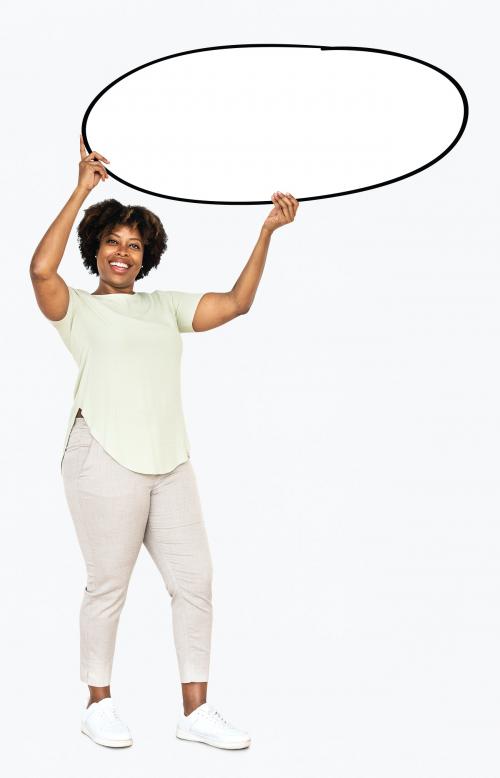 Cheerful woman showing an oval shaped banner - 491223