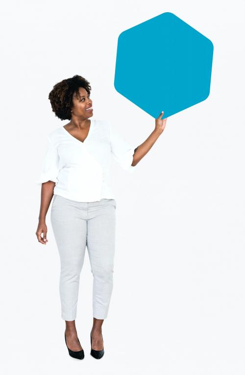 Cheerful woman showing a blank blue hexagon shaped board - 491241