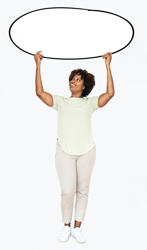 Cheerful woman showing an oval shaped banner - 491248