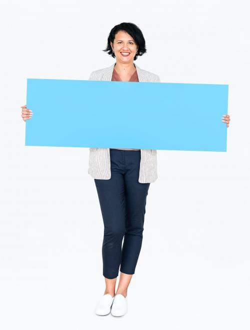 Cheerful woman showing a blank blue banner - 491256