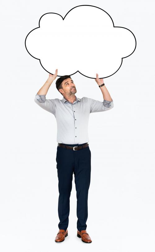 Cheerful man showing a blank white cloud - 491260