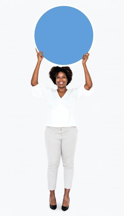 Cheerful businesswoman holding a blue round board - 491269