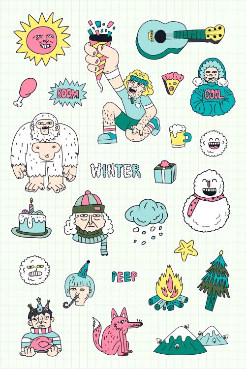 Hand drawn winter character stickers collection vector - 2033513