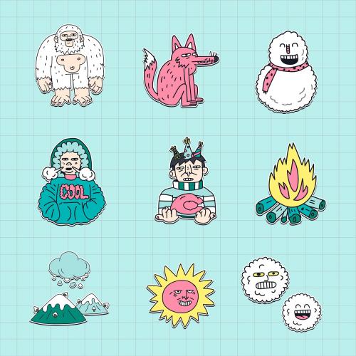 Hand drawn winter stickers collection vector - 2033526