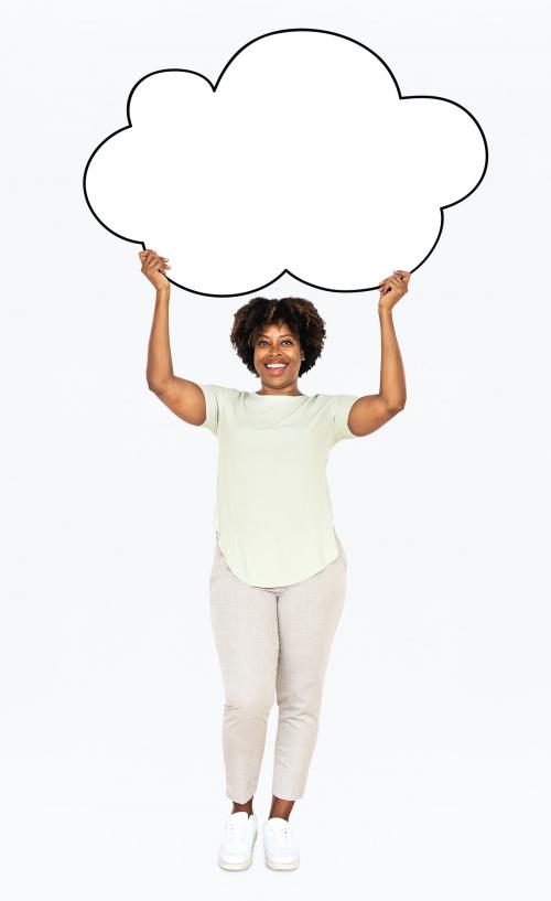 Cheerful woman showing a blank white cloud shaped board - 491288