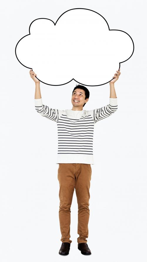 Cheerful man holding a blank white cloud - 491296