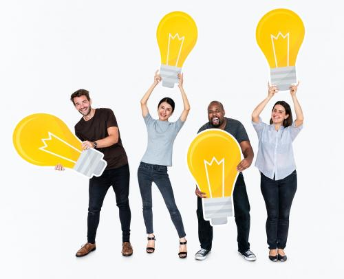 Group of diverse people with bright yellow light bulbs - 477495