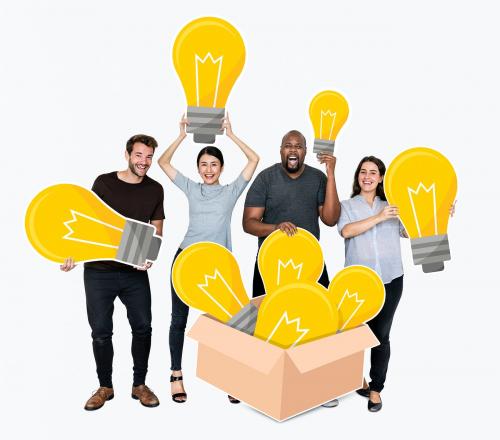 Group of diverse people with bright yellow light bulbs - 477502