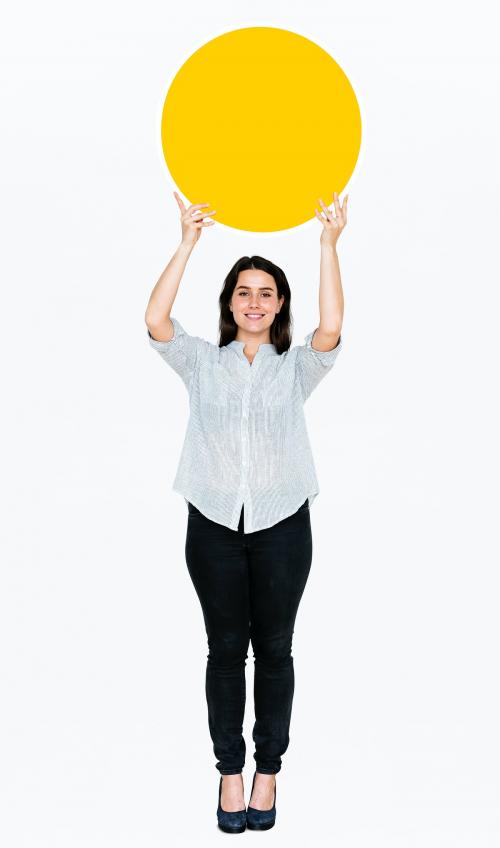 Happy woman holding an empty round board - 477507