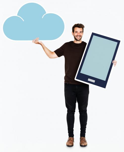 Cheerful man holding online cloud storage icons - 477513