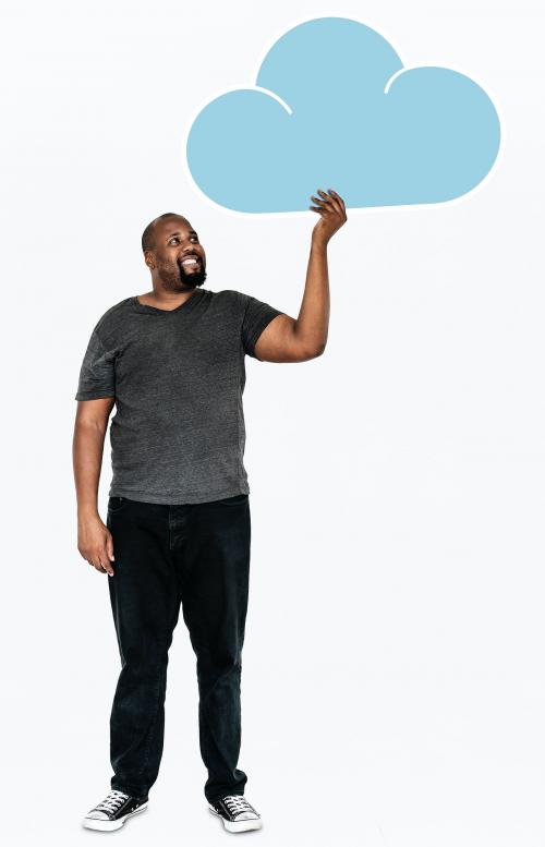 Cheerful man holding a blue cloud symbol - 477523