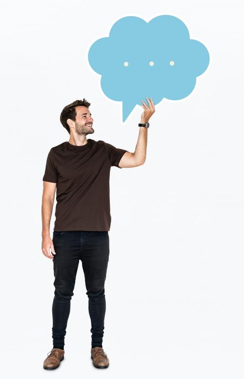 Cheerful man holding a blank speech bubble symbol - 477528