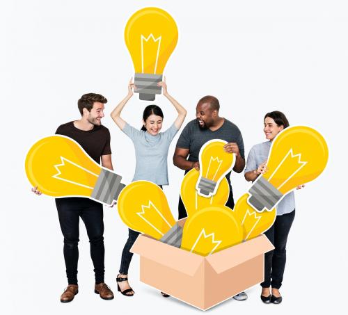 Group of diverse people with bright yellow light bulbs - 477542